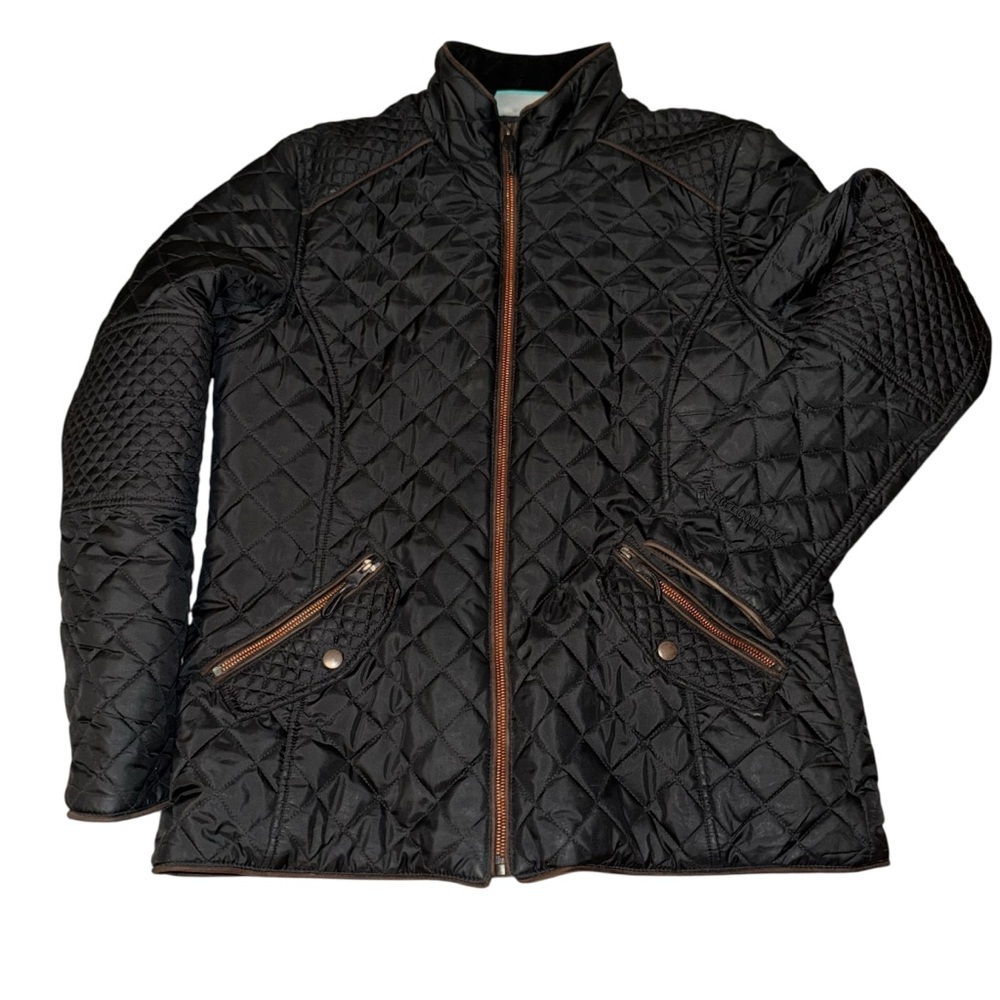 Free Country Women’s Black Quilted Zip Jacket Faux Leather Trim Size Large - Picture 1 of 6
